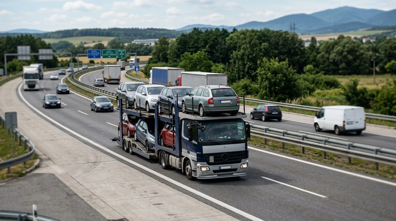 Kamión prevážajúci autá po diaľnici