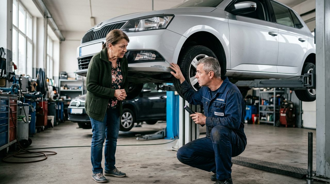 Mechanik v autoservise prezerá poškodený nárazník auta