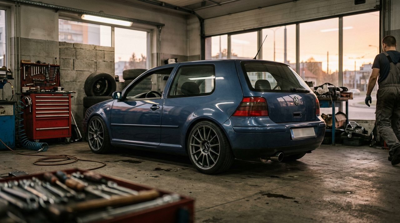 Upravené auto so športovými diskami v garáži