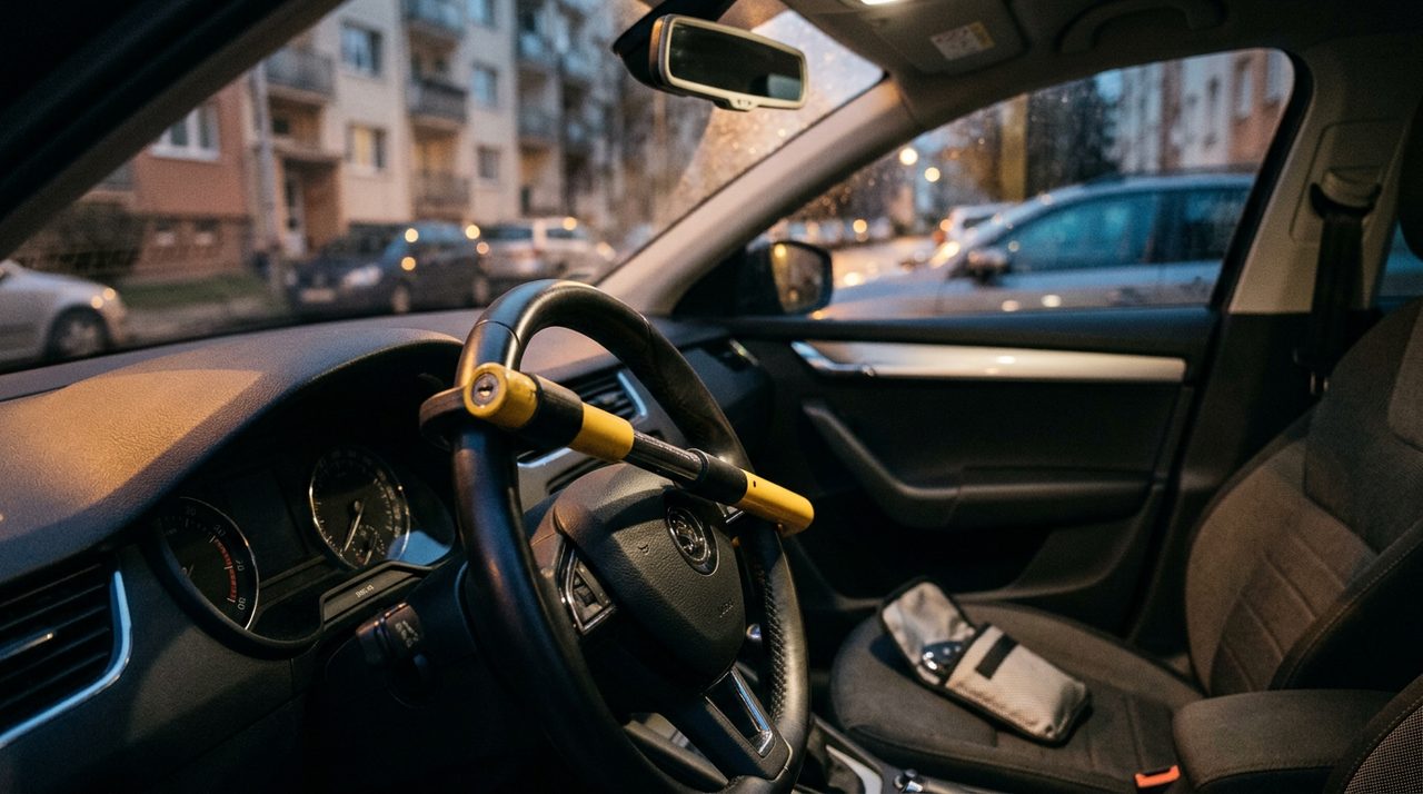 Mechanický zámok volantu v aute ako zabezpečenie proti krádeži
