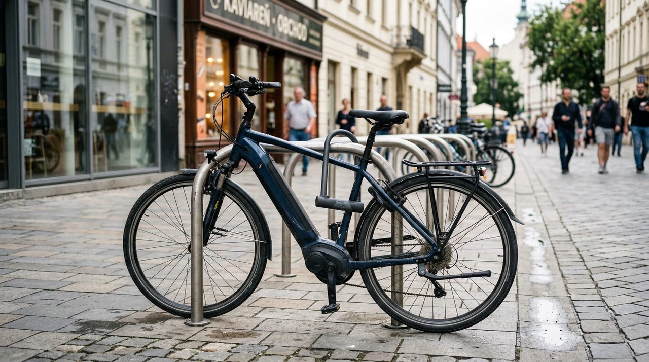 Elektrobicykel zamknutý k stojanu na ulici