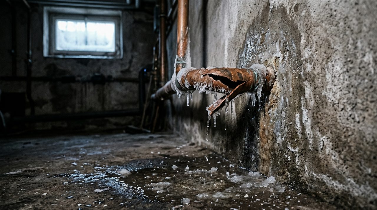 Prasknuté zamrznuté potrubie v pivnici