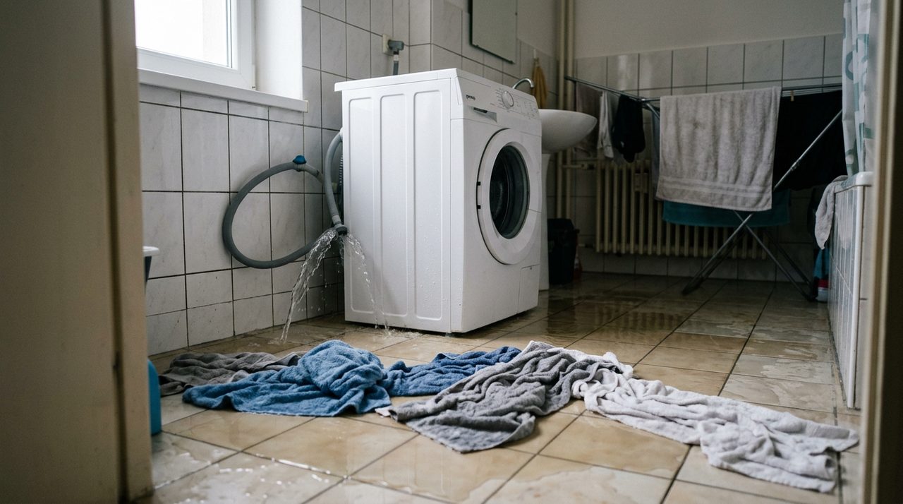 Voda vytekajúca spod práčky na podlahu kúpeľne
